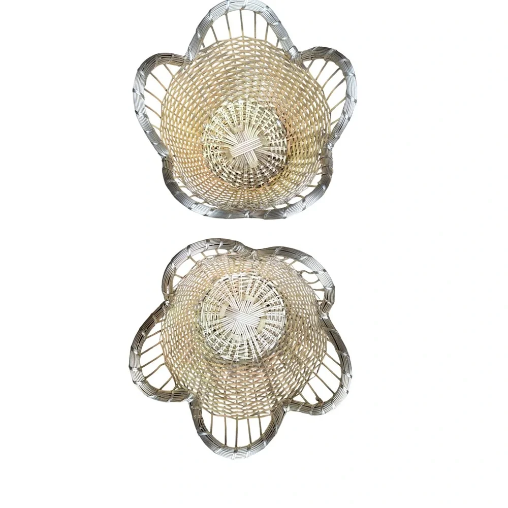 French Style Woven Wire Baskets Set of 2 Silver/Gold Color Scalloped Pedestal